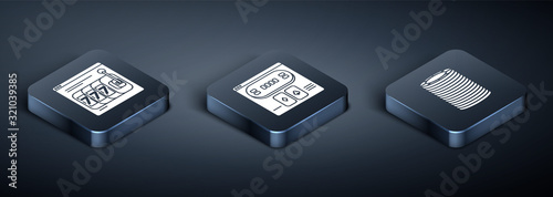 Set Isometric Online slot machine with lucky sevens jackpot, Casino chips and Online poker table game icon. Vector