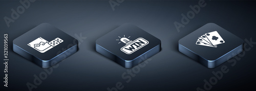 Set Isometric Game dice and glass of whiskey with ice cubes, Playing cards and Casino win icon. Vector