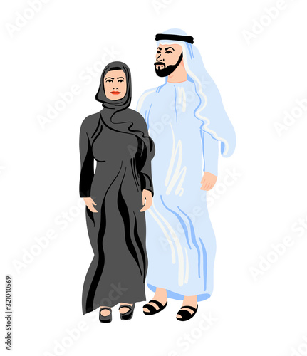 arab couple in tradition muslim wearing abaya and long coat flat style