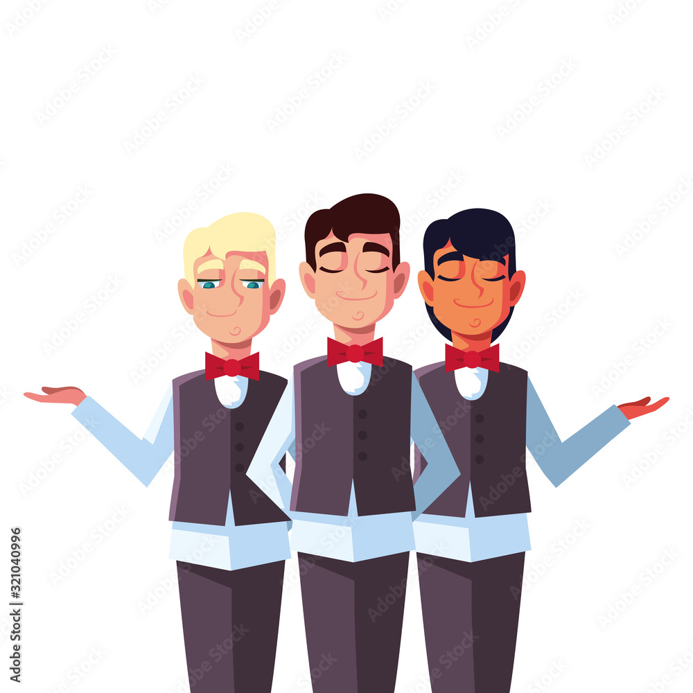 men waiters with uniform in different poses men waiters with uniform in different poses