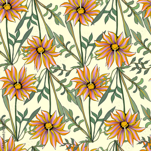 African bright pattern of orange flowers. Seamless vector floral background of gerberas  daisies for fabric  tiles  decoupage.