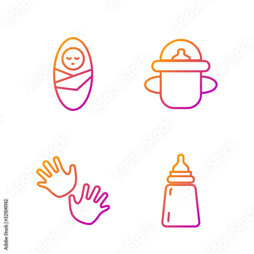 Set line Baby bottle, Baby hands print, Newborn baby infant swaddled and Baby bottle. Gradient color icons. Vector