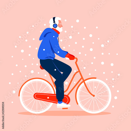 An old man rides a bicycle under snowfall. Winter sport. Grandfather. Vector flat illustration