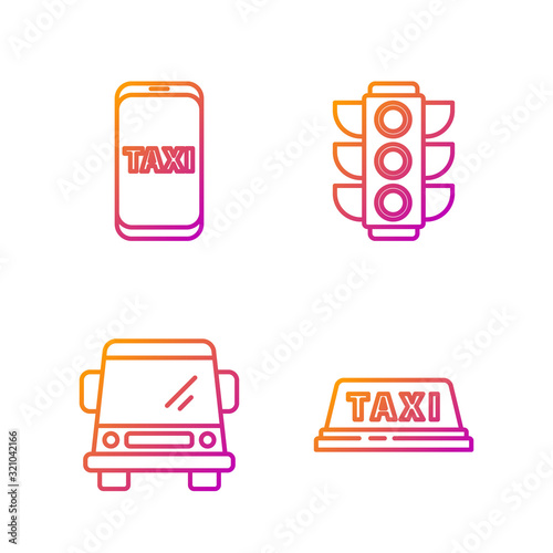 Set line Taxi car roof, Car, Taxi call telephone service and Traffic light. Gradient color icons. Vector
