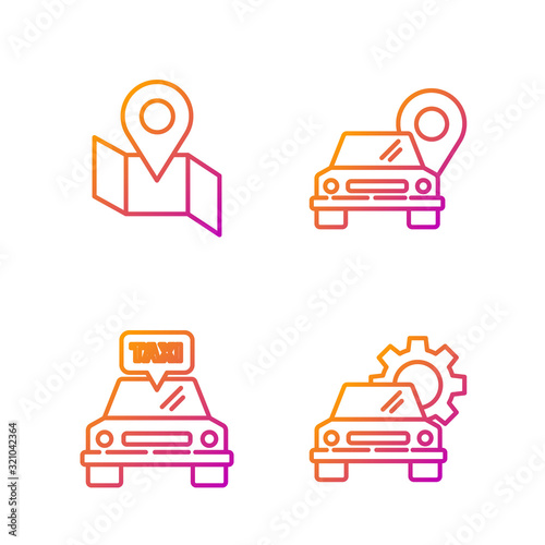 Set line Car service, Taxi car, Folded map with location marker and Map pointer with taxi. Gradient color icons. Vector