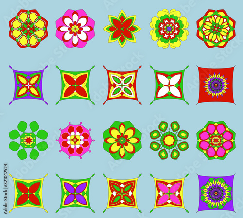 Set of abstract multicolor elements isolated on gray background. Twenty details from which you can make a variety of patterns. Vector.