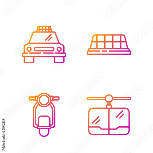 Set line Cable car, Scooter, Taxi car and Taxi car roof. Gradient color icons. Vector