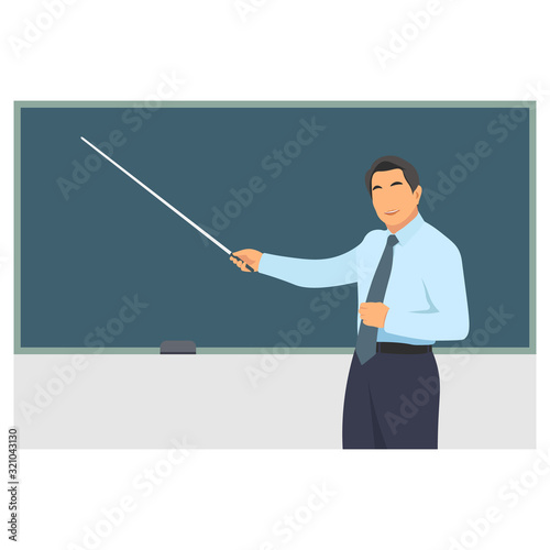 Smiling male professor holding a pointer with chalkboard background. Standing teacher teaching students and pointing at blackboard. Business management training presentation - Flat vector illustration