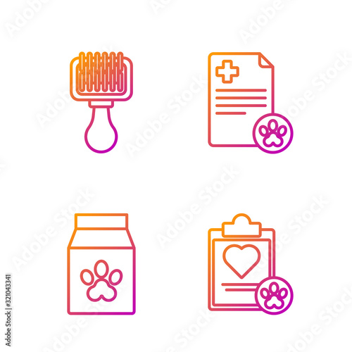 Set line Clipboard with medical clinical record pet, Bag of food for pet, Hair brush for dog and cat and Clipboard with medical clinical record pet. Gradient color icons. Vector