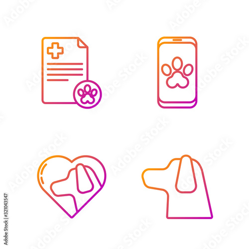 Set line Dog, Heart with dog, Clipboard with medical clinical record pet and Online veterinary clinic symbol. Gradient color icons. Vector