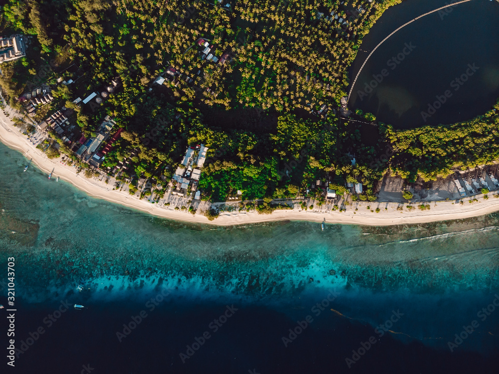 Aerial view with Gili island and sea. Gili Meno drone shot