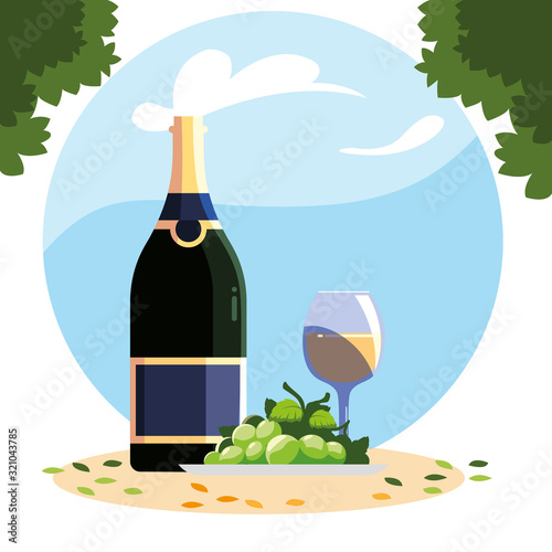 bottle and glass of wine with grapes