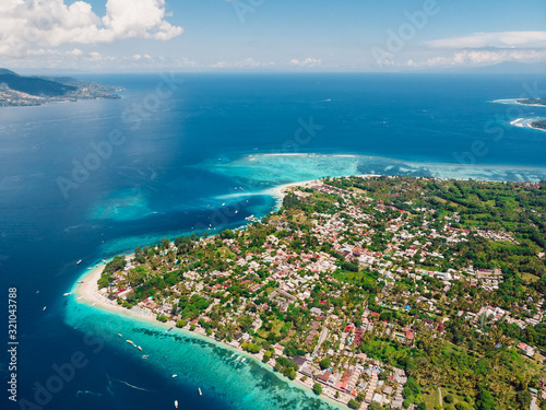 Aerial view with Gili island and sea. Beautiful view of Gili Air.