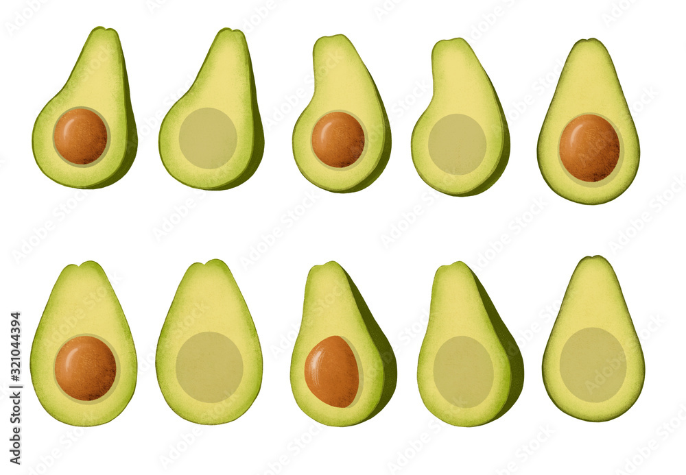 Digital avocado illustration. Avocado clipart. Set of avocado halves with seed and without seed. Avocado isolated. Digital avocado illustration. Avocado clipart. Set of avocado halves with seed and without seed. Avocado isolated.