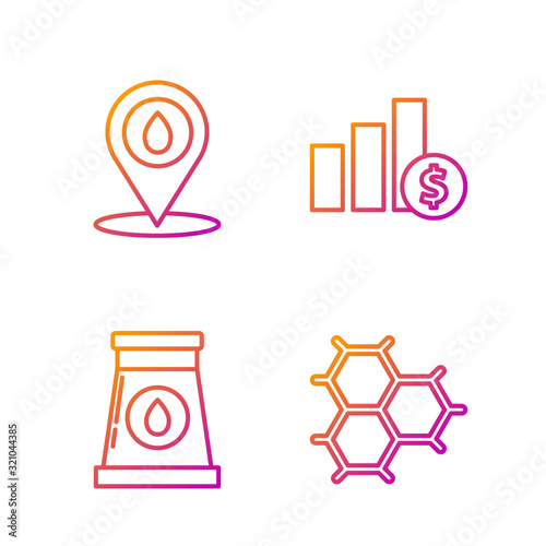 Set line Chemical formula consisting of benzene rings, Oil and gas industrial factory building, Refill petrol fuel location and Pie chart infographic and dollar. Gradient color icons. Vector