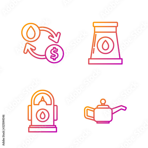 Set line Canister for motor machine oil, Petrol or Gas station, Oil exchange, water transfer, convert and Oil and gas industrial factory building. Gradient color icons. Vector