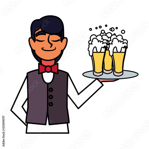 man waiter holding tray beer glasses on white background