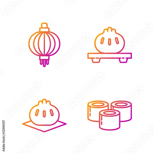 Set line Sushi, Khinkali on cutting board, Japanese paper lantern and Dumpling on cutting board. Gradient color icons. Vector