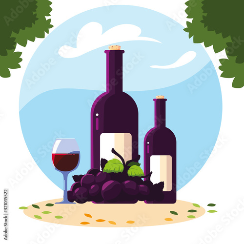bottle and glass of wine with grapes