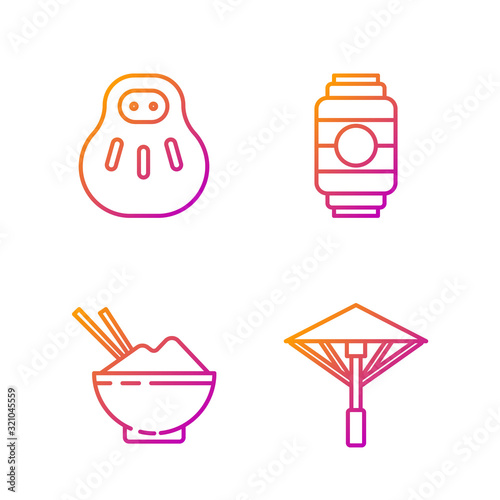 Set line Japanese umbrella from the sun, Rice in a bowl with chopstick, Maneki neko cat and Japanese paper lantern. Gradient color icons. Vector
