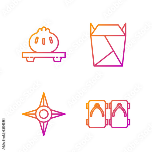 Set line Geta traditional Japanese shoes, Japanese ninja shuriken, Dumpling on cutting board and Rstaurant opened take out box filled. Gradient color icons. Vector