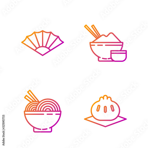 Set line Khinkali on cutting board, Asian noodles in bowl and chopsticks, Paper chinese or japanese folding fan and Rice in a bowl with chopstick. Gradient color icons. Vector