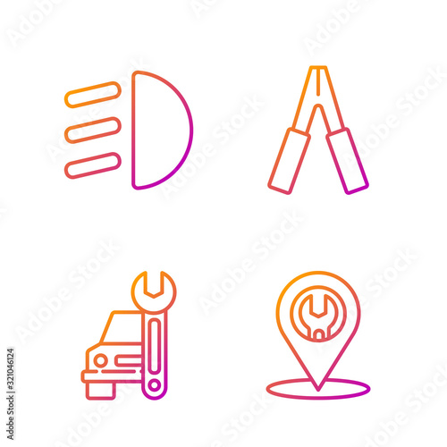 Set line Car service, Car service, High beam and Car battery jumper power cable. Gradient color icons. Vector