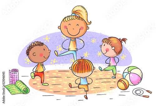 Teacher and kids doing yoga or gymnastics