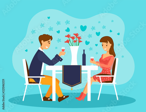 Loving couple on a date in a restaurant. Valentines day celebration or romantic dinner. 