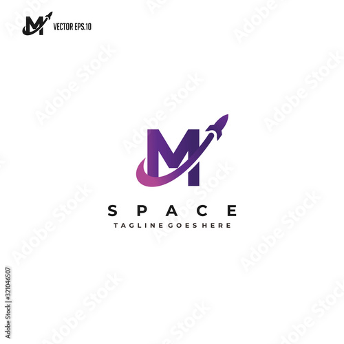 initial M with flying rocket, space logo design inspiration