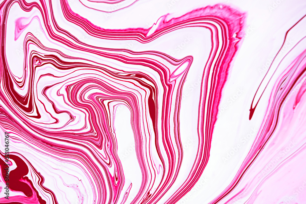Bright magenta pink and white marbling raster background. Colorful liquid stripy minimalistic trendy paint texture. Rose red abstract fluid art. Acrylic and oil flow modern creative backdrop