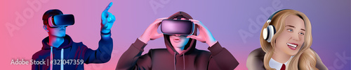 Woman and boy with vr set with blue and purple lights