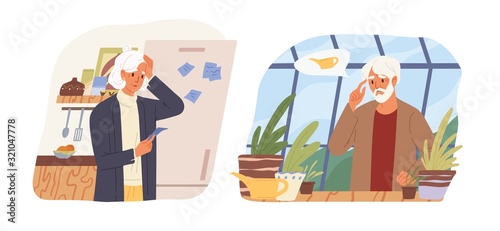 Cartoon mature woman looking on reminder sticker at refrigerator vector flat illustration. Aged male forgot watering flowers isolated on white. Concept of memory loss and alzheimer s disease