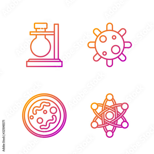 Set line Atom, Bacteria, Test tube flask on stand and Bacteria. Gradient color icons. Vector
