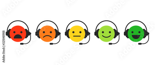 Icons for call center. Smiling service. Emotional faces with headphones. Objects on white background