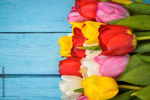Bright bouquet of multi-colored tulips close-up on wooden boards of blue color.
