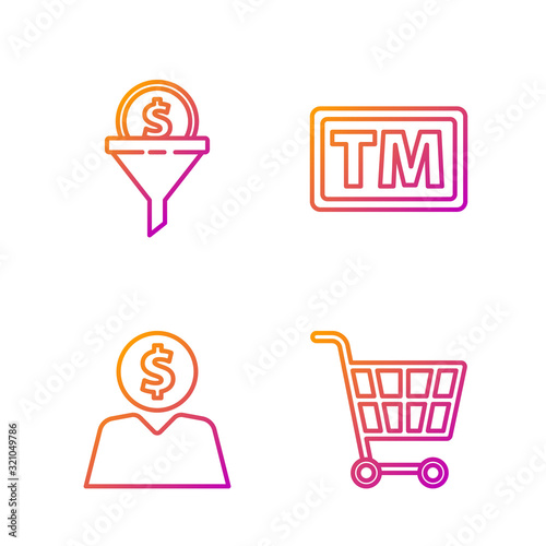 Set line Shopping cart, Business man planning mind, Lead management and Trademark. Gradient color icons. Vector
