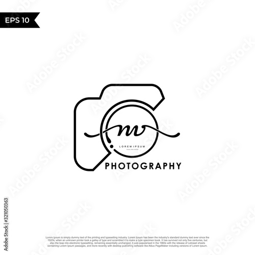 Initial Letter NV with camera. Logo photography simple luxury vector.