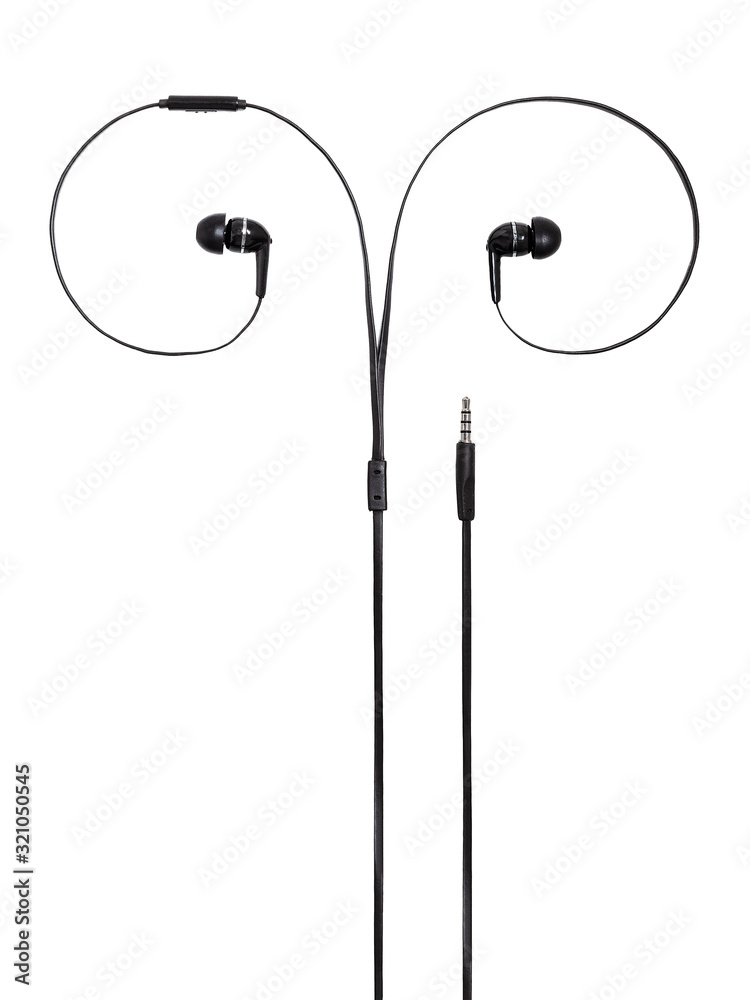 Earphones headset. In-ear headphones for music lovers. Vacuum wired black ear plugs for listening music and sound on portable devices on a white background. Earphones headset. In-ear headphones for music lovers. Vacuum wired black ear plugs for listening music and sound on portable devices on a white background.