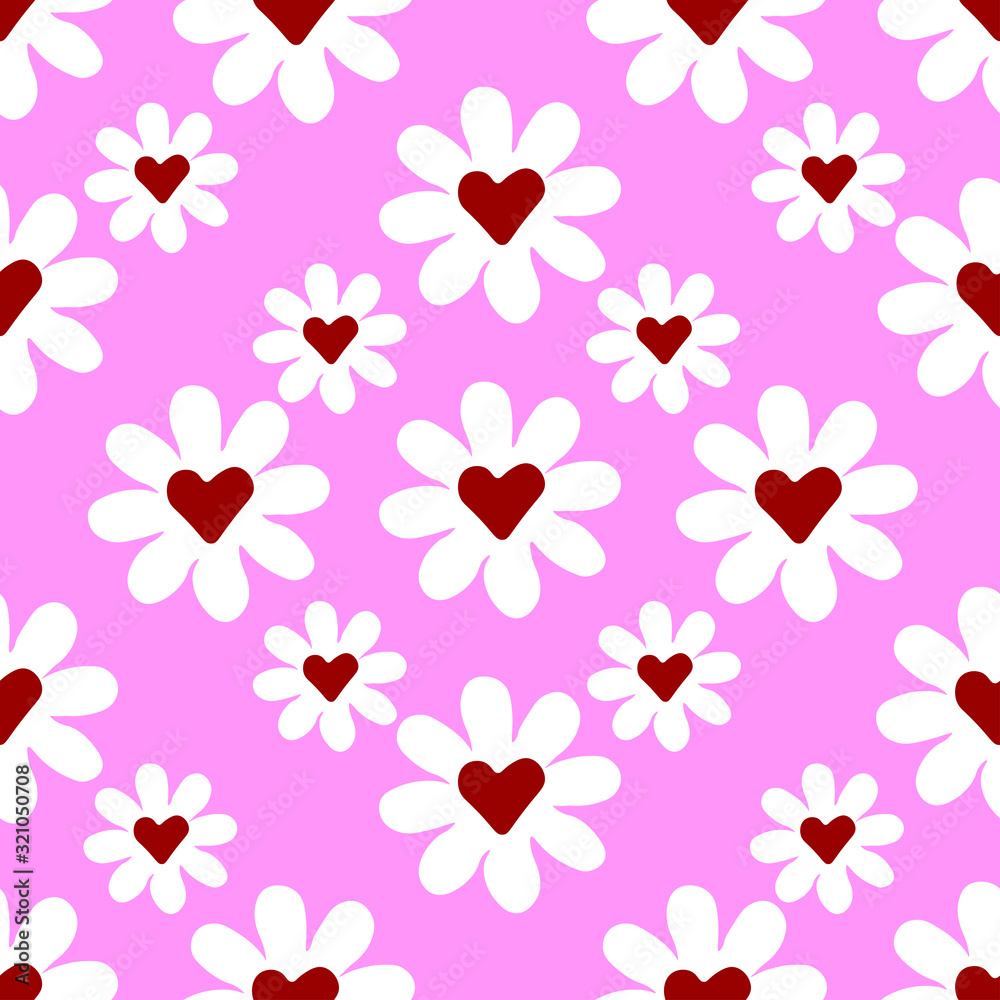 Valentines Day pattern. chamomile pattern with hearts on pink background. Va