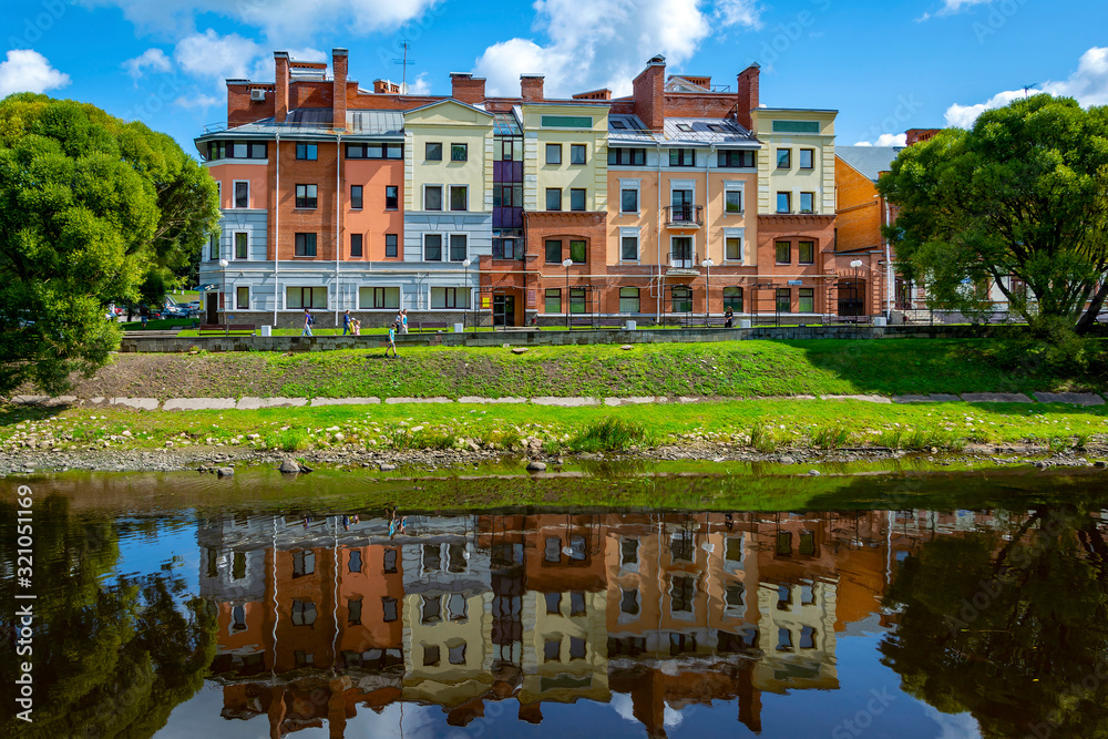 Fototapeta premium Pskov, an apartment building on the Bank of the Pskov river