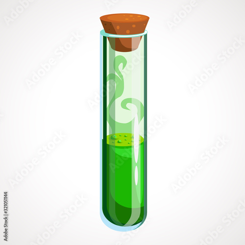 Cartoon flask with green potion. Vector illustration