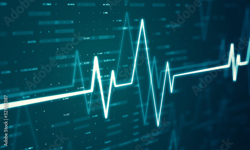 Ekg heart beat line monitor. Health care and technology concept. Digital signal wave. 3d rendering - illustration. © Jiva Core
