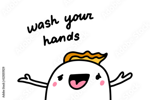 Wash your hand drawn vector illustration in cartoon comic style happy man with clean arms
