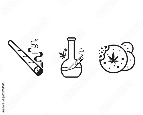 Cannabis joint, bong and cookies vector icon set