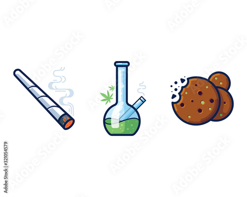 Cannabis joint, bong and cookies vector icon set