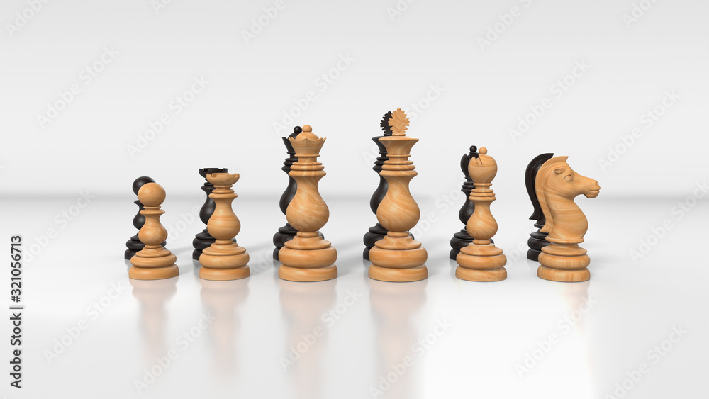 Chess pieces on board. Various pieces in wood and other finish Chess pieces on board. Various pieces in wood and other finish