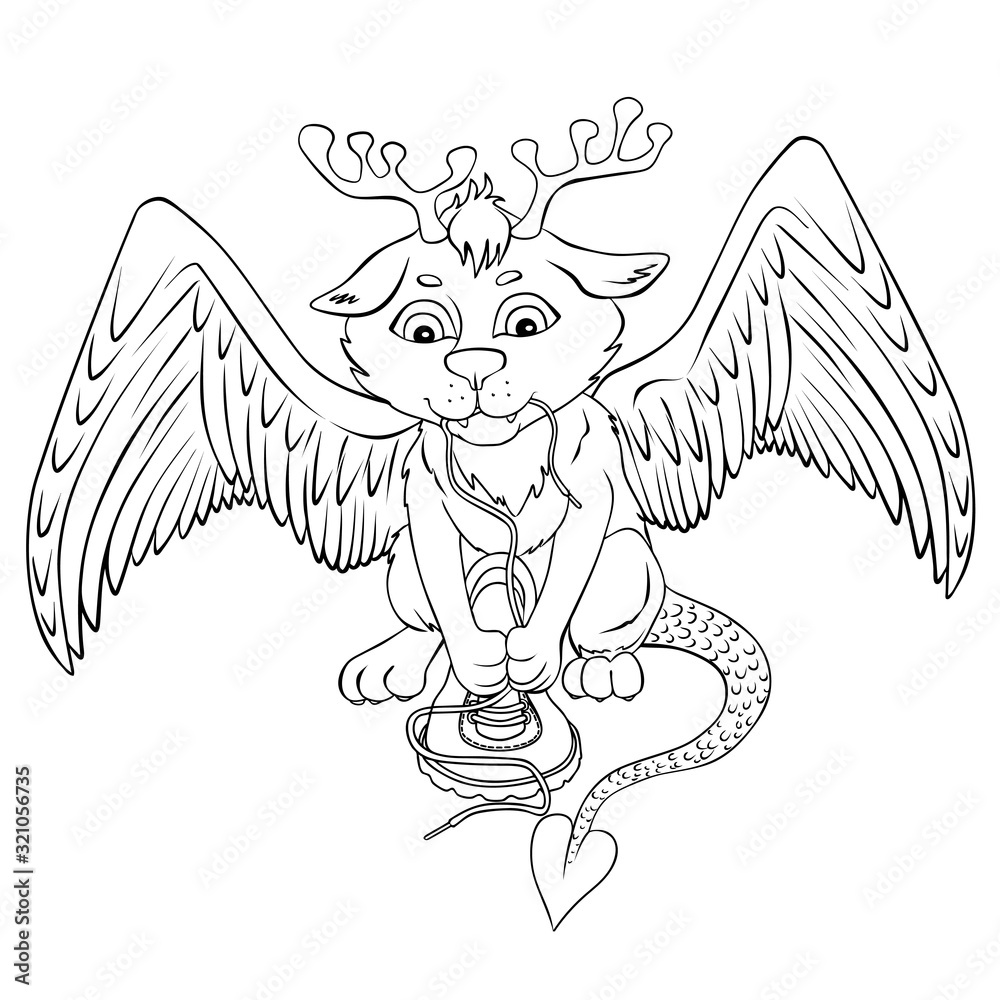 Fototapeta premium Fantastic fairytale mysticalanimal with wings and horns, vector illustration. Coloring image on a white background.
