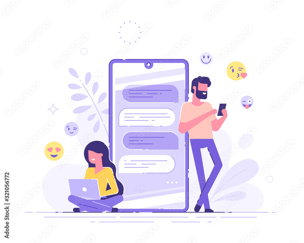Pretty woman is sitting at her laptop and chatting with handsome man with huge phone and emoji on the background. Dating app and virtual relationship. Chat bubble. Modern vector illustration.