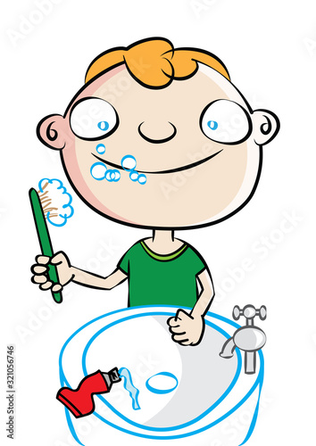 funny cute white boy brushing teeth